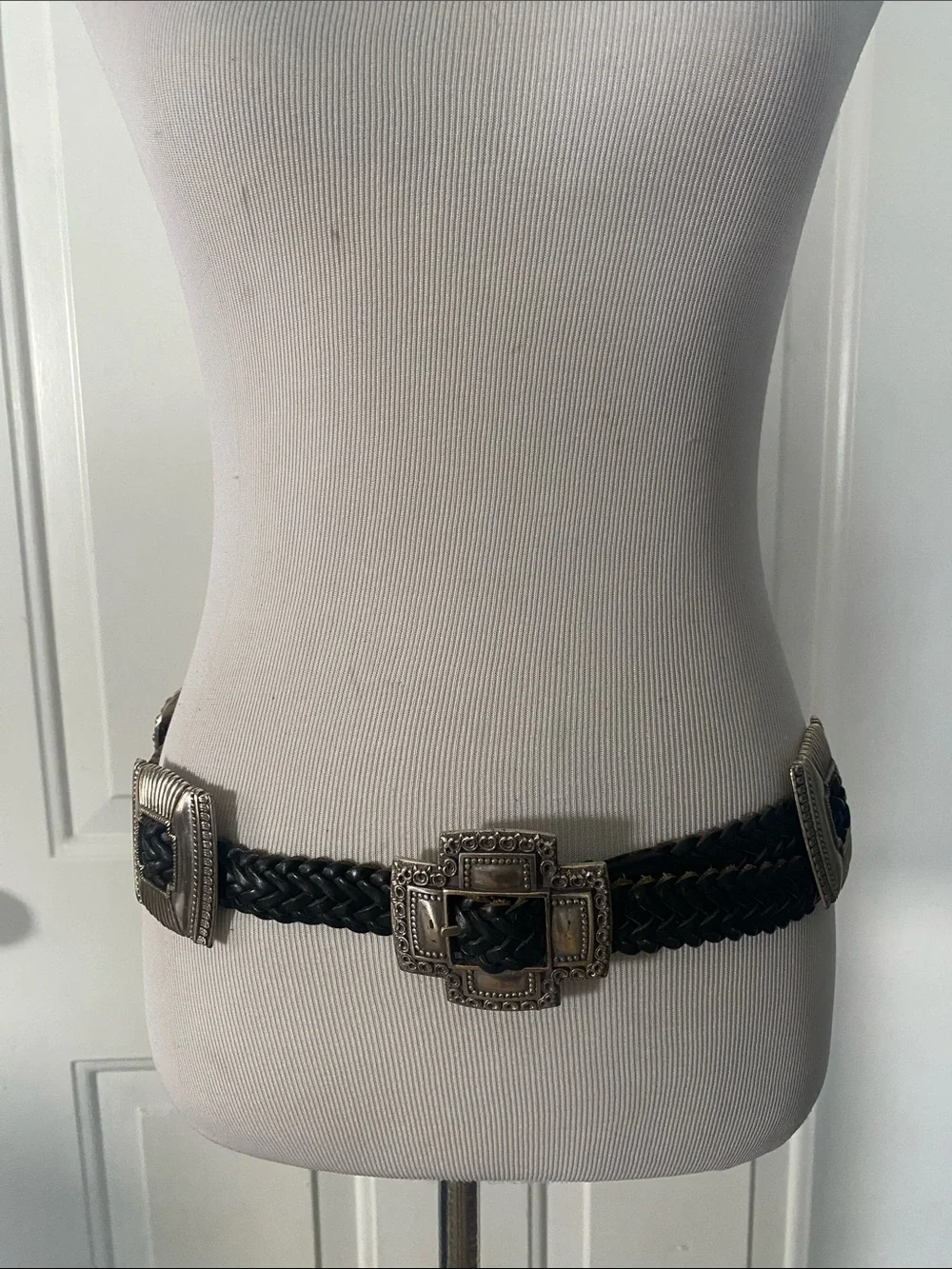 Vintage 1994 Brighton Woven  Black Leather Belt Silver Large Buckles Conchos L